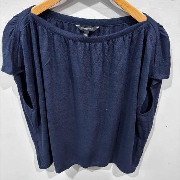 Banana Republic Women Linen blend Navy cap sleeve boatneck top SZ: L - Picture 4 of 10